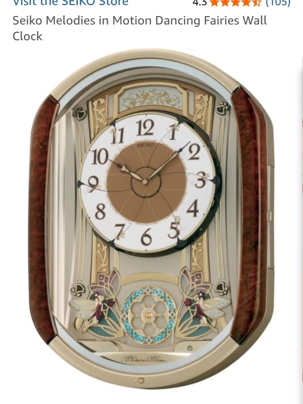 Seiko Melodies in Motion Dancing Fairies Wall Clock — Gold and Brown 12 Melodies
